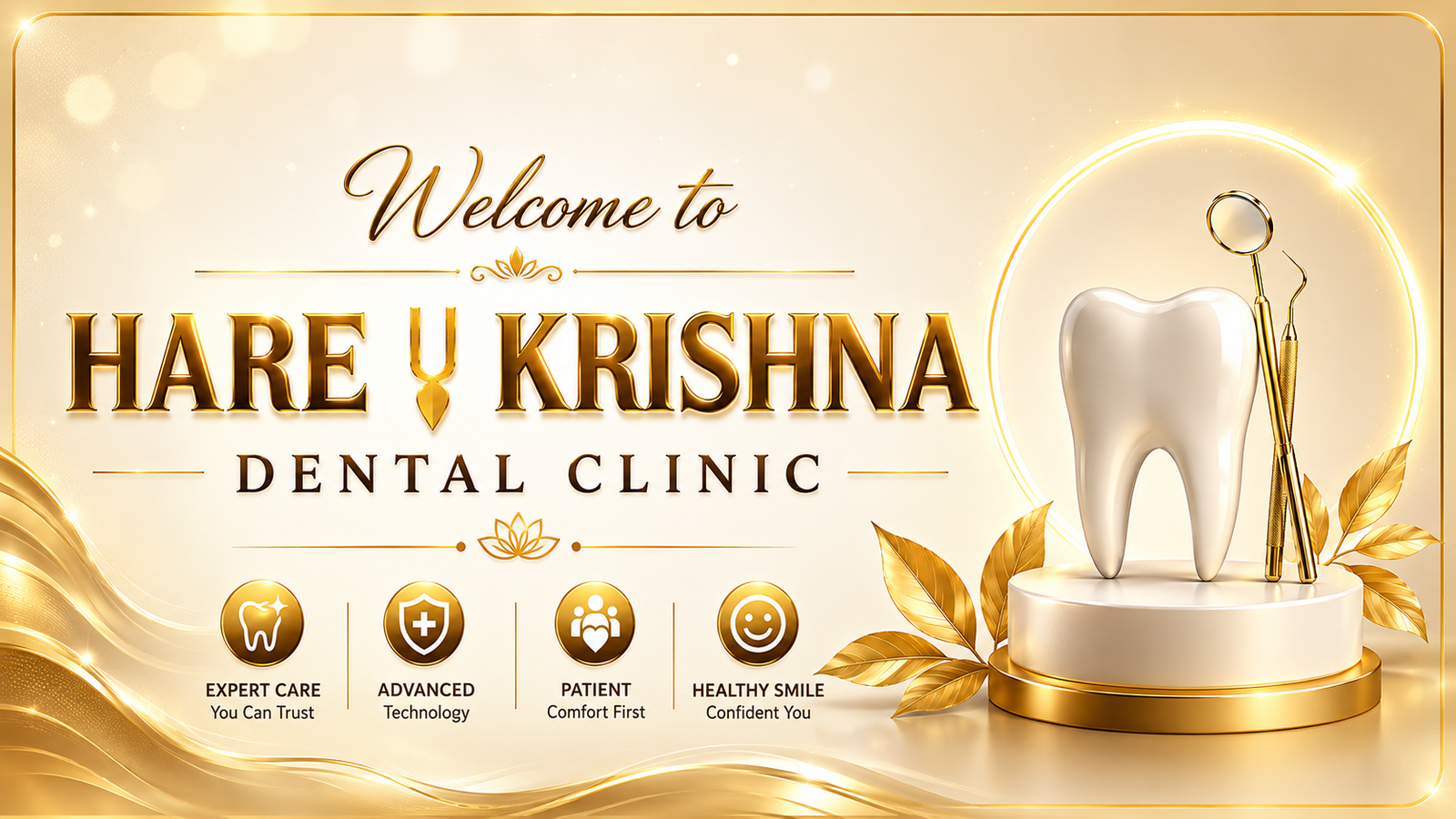 Hare Krishna Dental Clinic banner featuring advanced dental care, dental implants, cosmetic dentistry, expert dentists, healthy smile treatments, and modern dental technology.